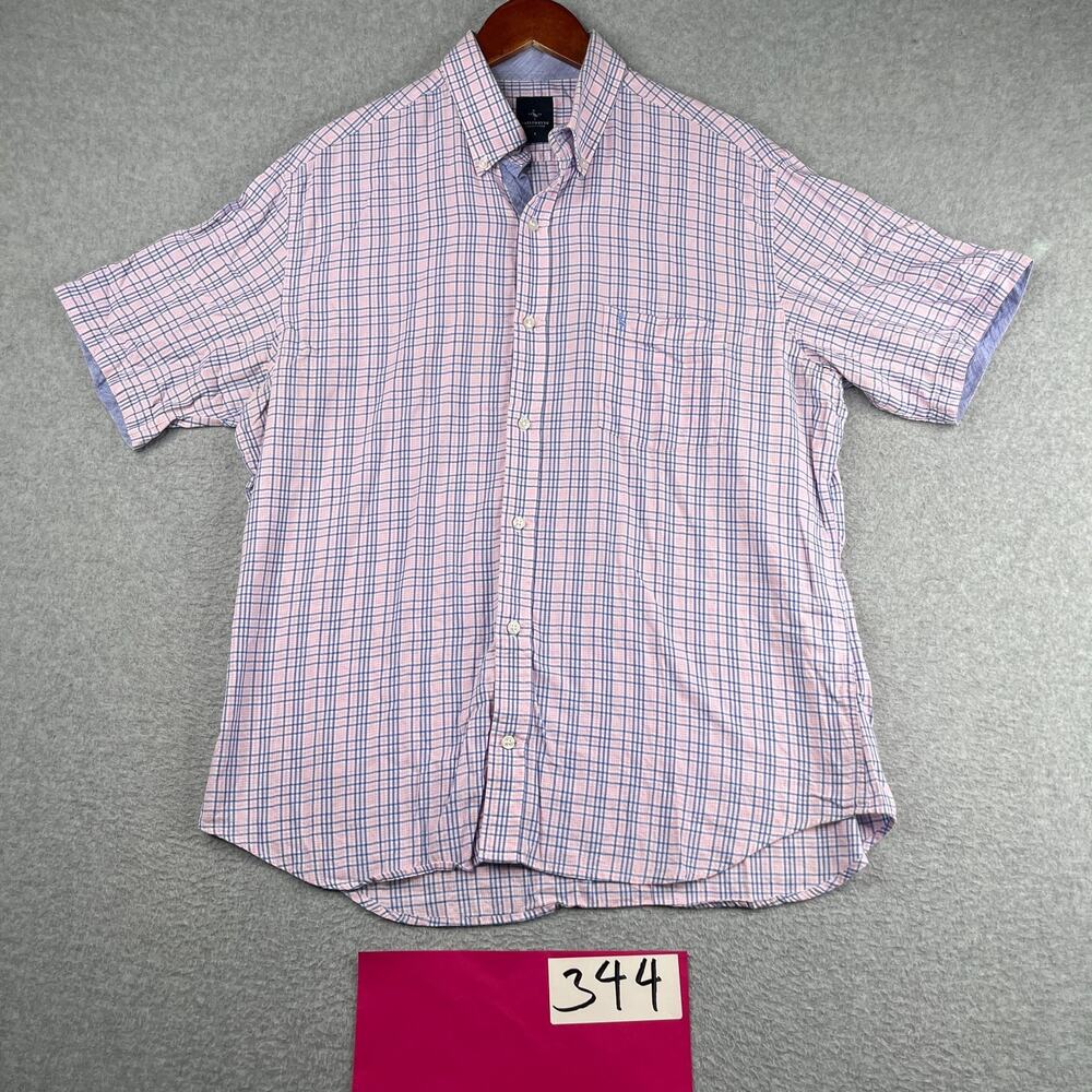 Tailorbyrd Shirt Large Pink Blue Plaid Pocket Casual Button Up Short Sleeve Mens